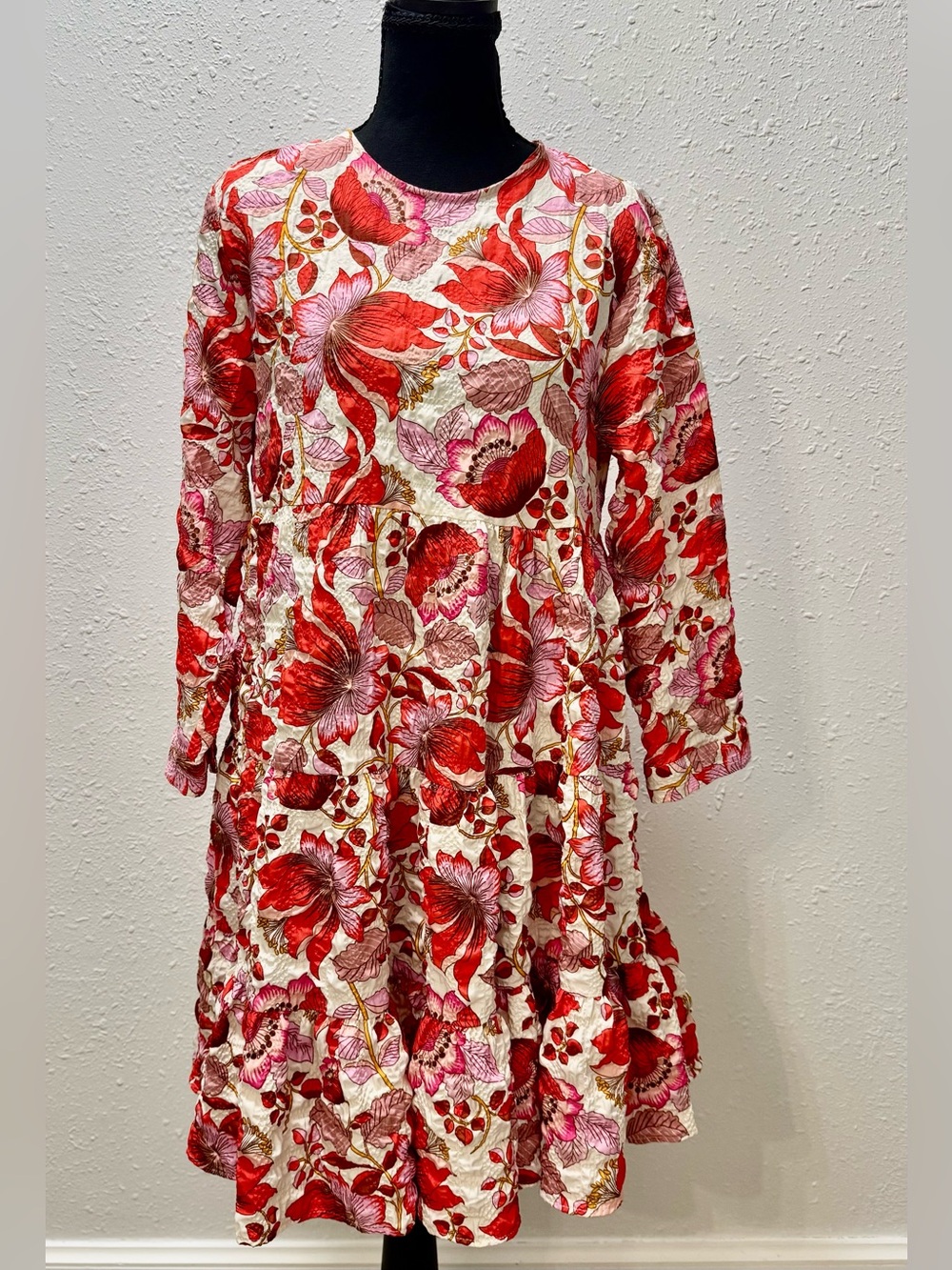Zara The Sharon Red Pink and Cream Floral Tiered Dress